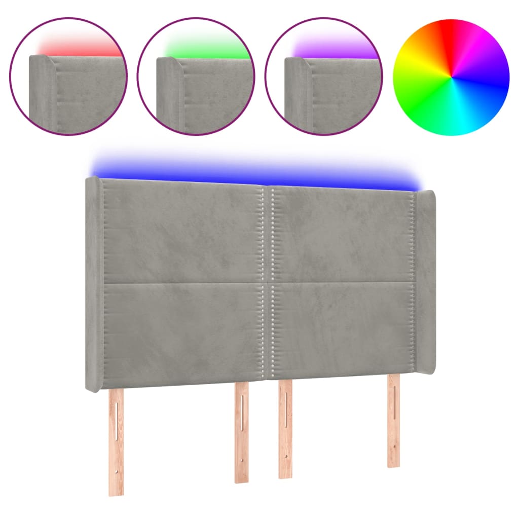 vidaXL Zagłówek do łóżka z LED, jasnoszary, 147x16x118/128 cm, aksamit