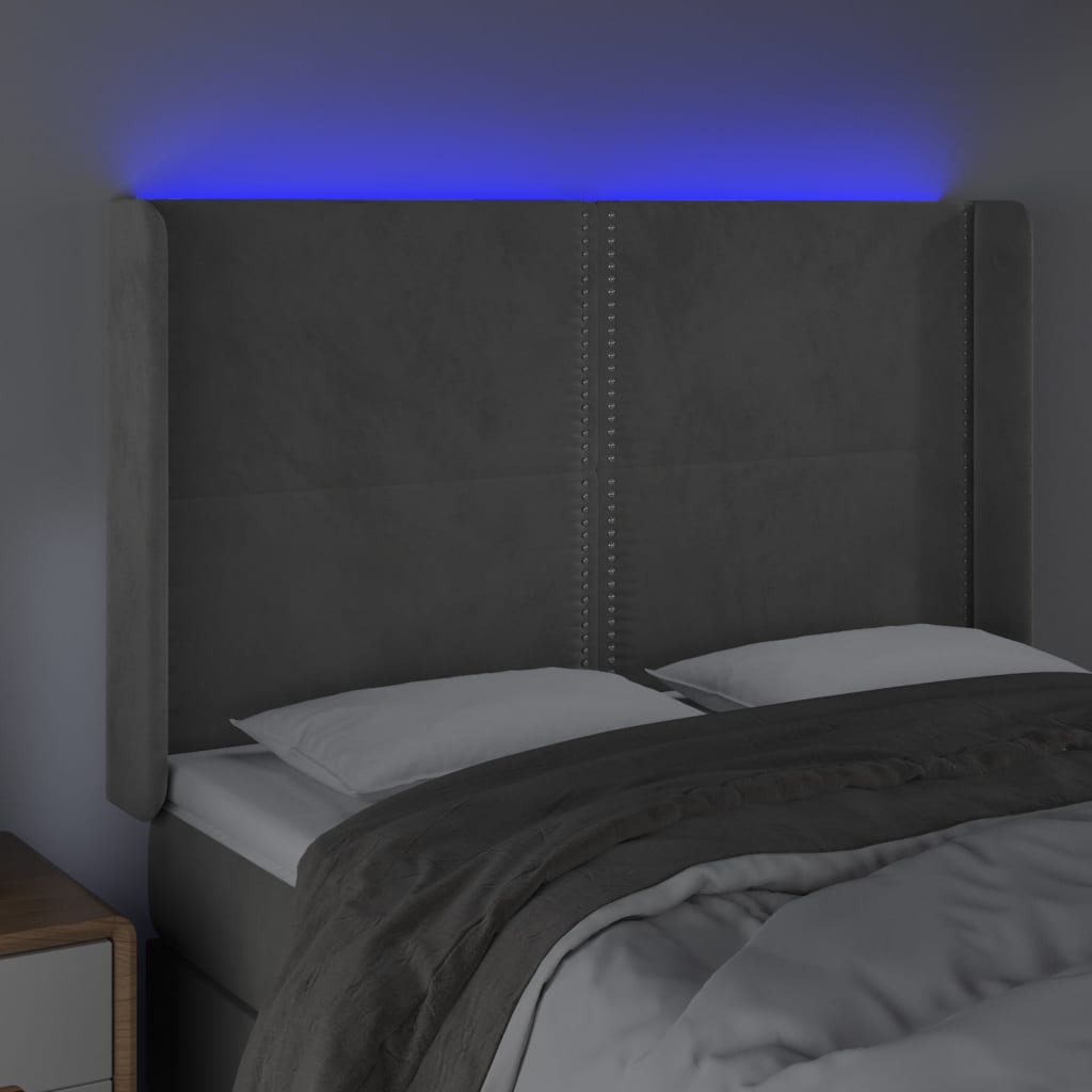 vidaXL Zagłówek do łóżka z LED, jasnoszary, 147x16x118/128 cm, aksamit