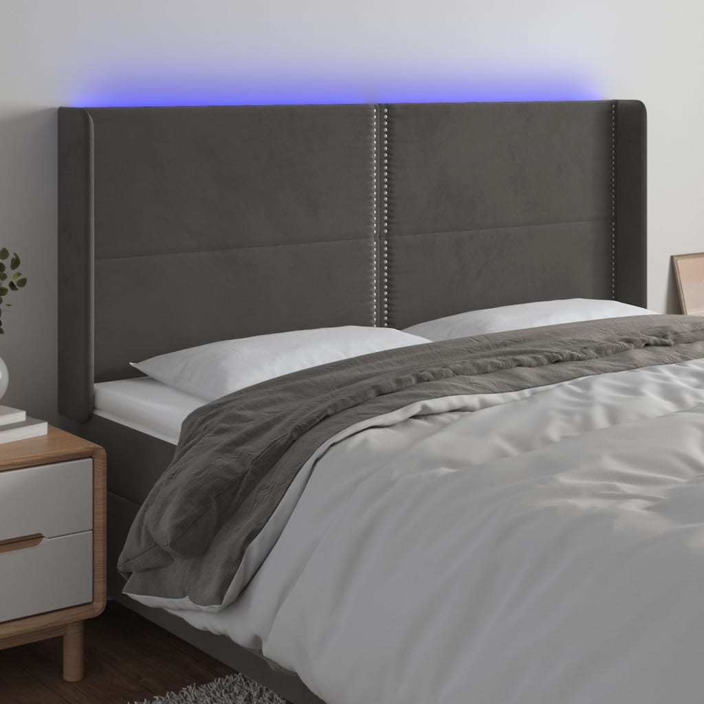 vidaXL Zagłówek do łóżka z LED, ciemnoszary, 163x16x118/128cm, aksamit