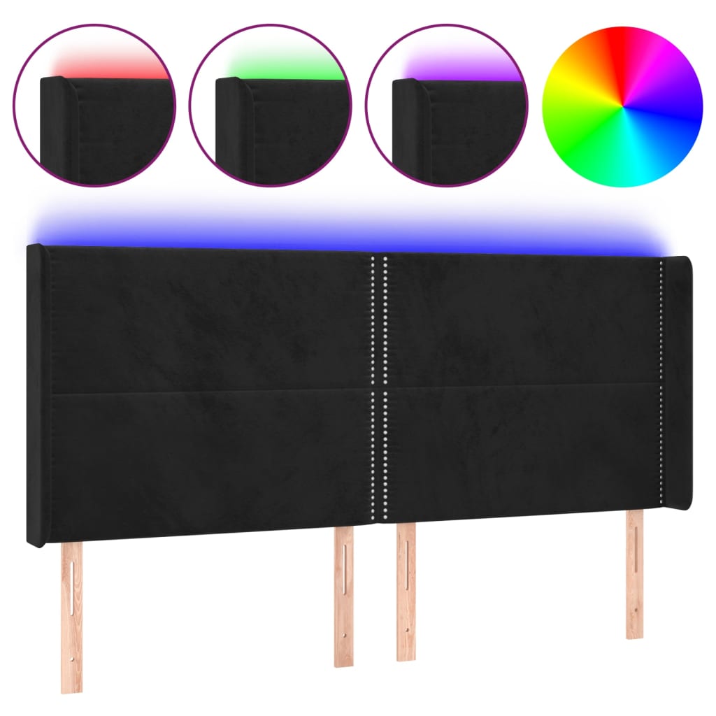 vidaXL Zagłówek do łóżka z LED, czarny, 163x16x118/128 cm, aksamit