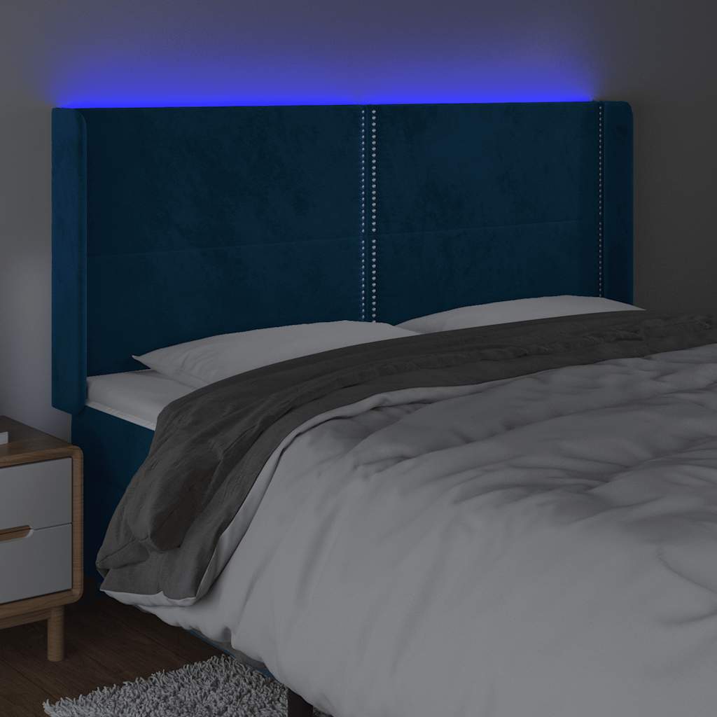 vidaXL Zagłówek do łóżka z LED ciemnoniebieski, 163x16x118/128 cm