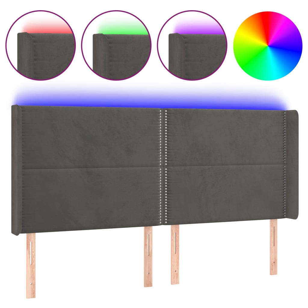 vidaXL Zagłówek do łóżka z LED, ciemnoszary, 183x16x118/128cm, aksamit