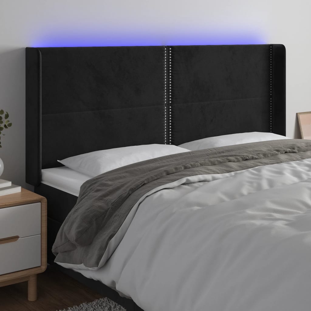 vidaXL Zagłówek do łóżka z LED, czarny, 183x16x118/128 cm, aksamit