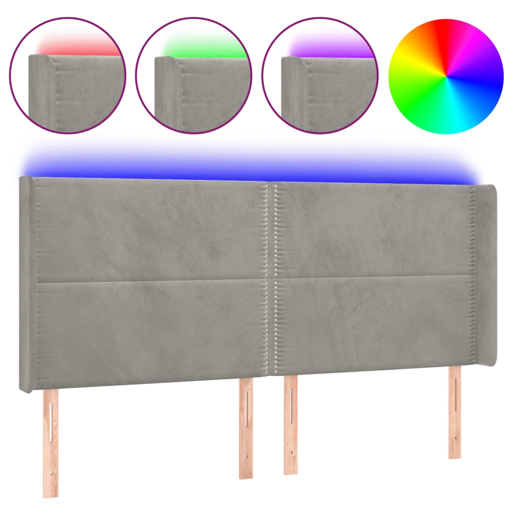 vidaXL Zagłówek do łóżka z LED, jasnoszary, 203x16x118/128 cm, aksamit