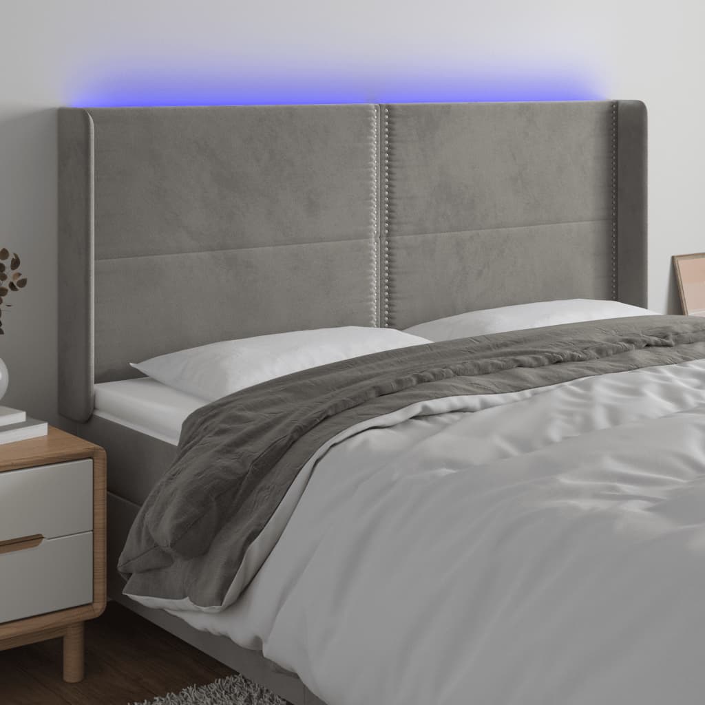 vidaXL Zagłówek do łóżka z LED, jasnoszary, 203x16x118/128 cm, aksamit