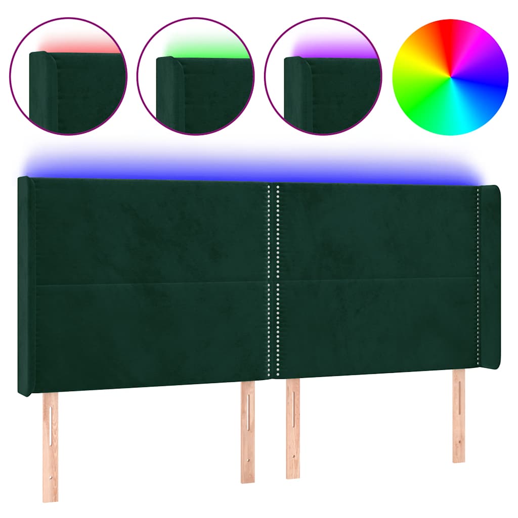 vidaXL Zagłówek do łóżka z LED, ciemnozielony 203x16x118/128cm aksamit
