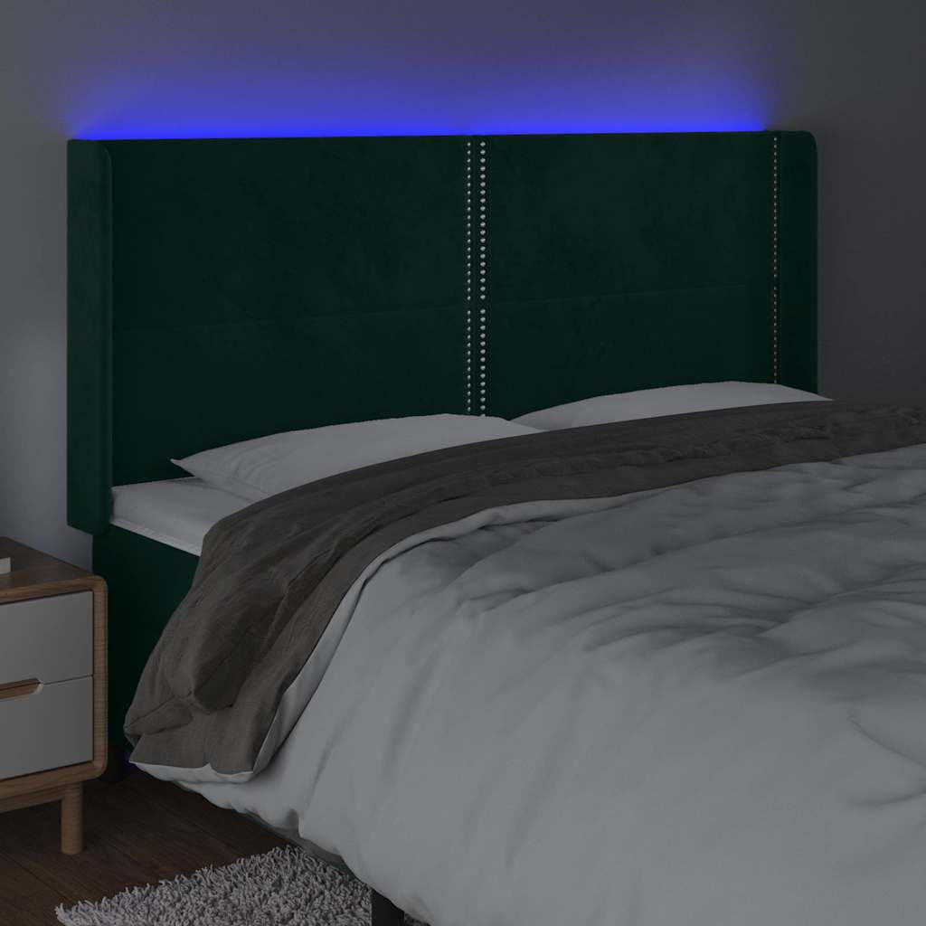 vidaXL Zagłówek do łóżka z LED, ciemnozielony 203x16x118/128cm aksamit