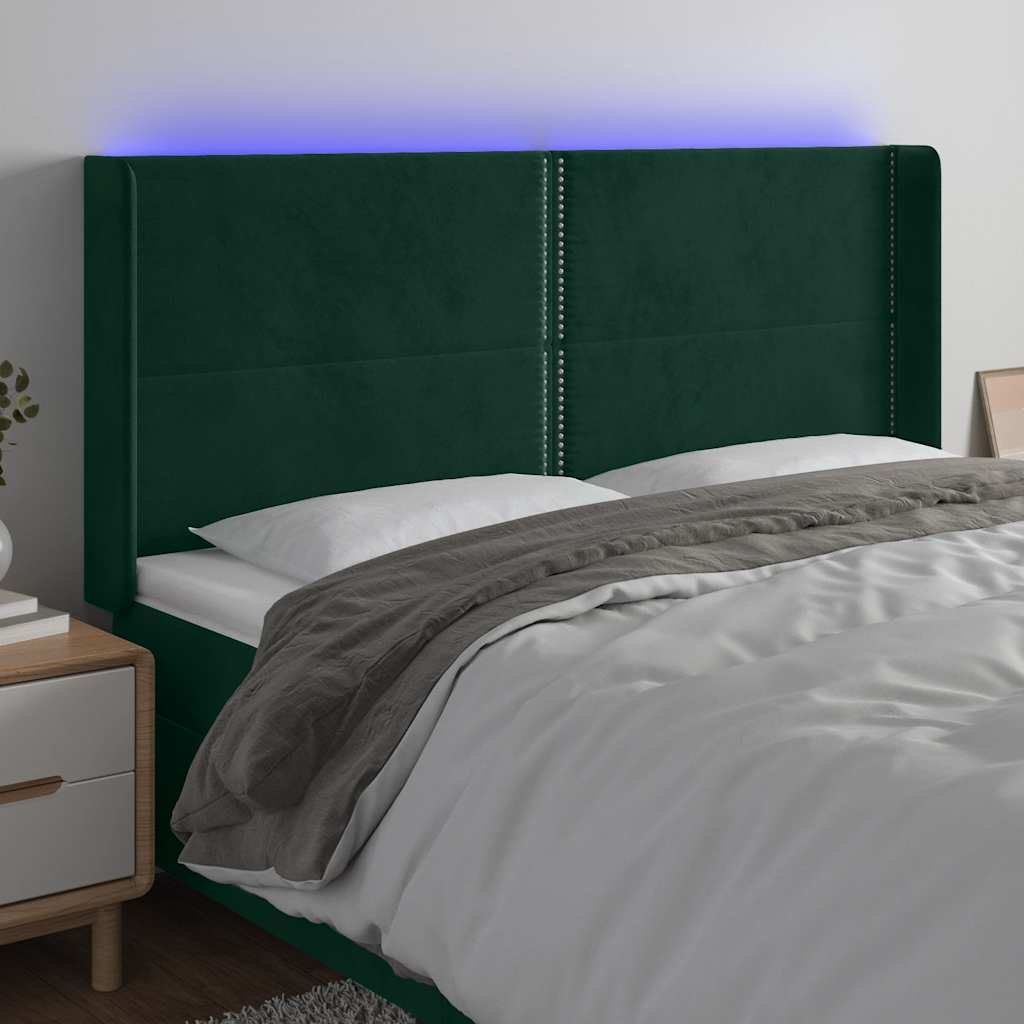 vidaXL Zagłówek do łóżka z LED, ciemnozielony 203x16x118/128cm aksamit