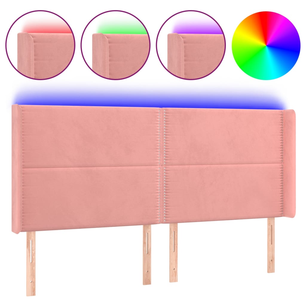 vidaXL Zagłówek do łóżka z LED, różowy, 203x16x118/128 cm, aksamit