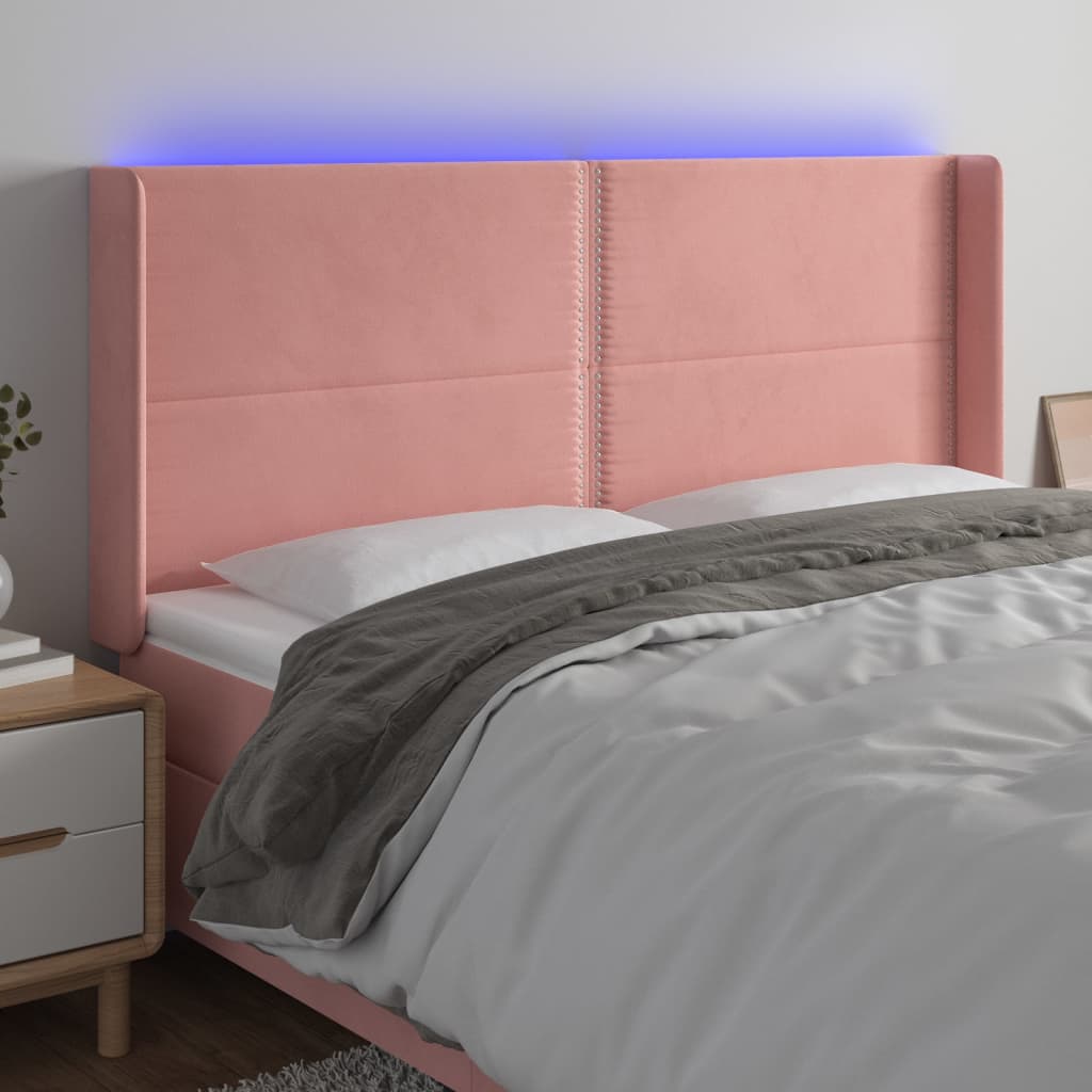 vidaXL Zagłówek do łóżka z LED, różowy, 203x16x118/128 cm, aksamit