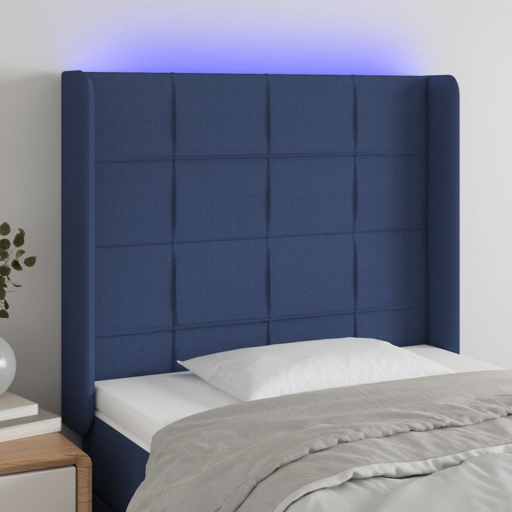 vidaXL Zagłówek do łóżka z LED, niebieski, 83x16x118/128 cm, tkanina