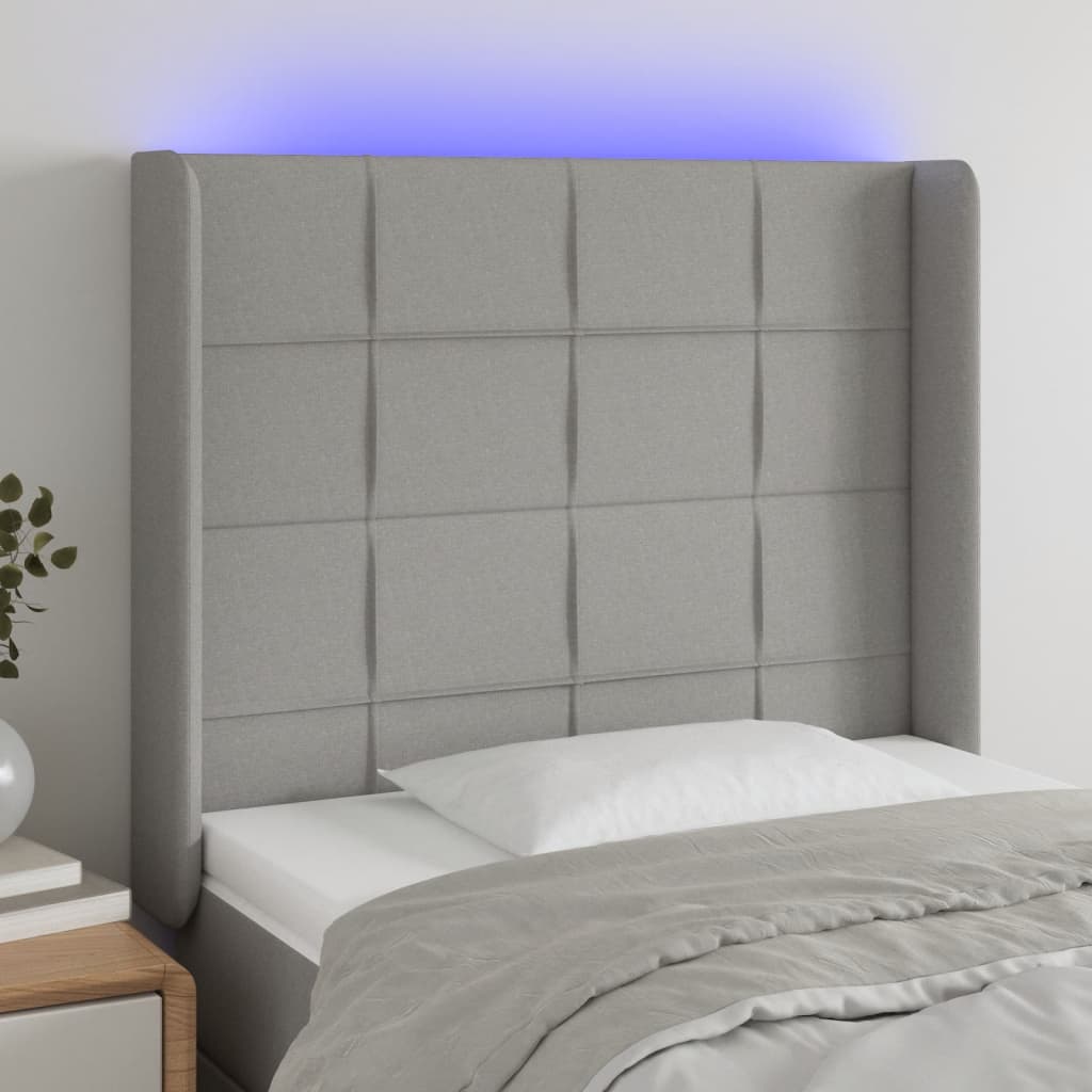 vidaXL Zagłówek do łóżka z LED, jasnoszary, 93x16x118/128 cm, tkanina