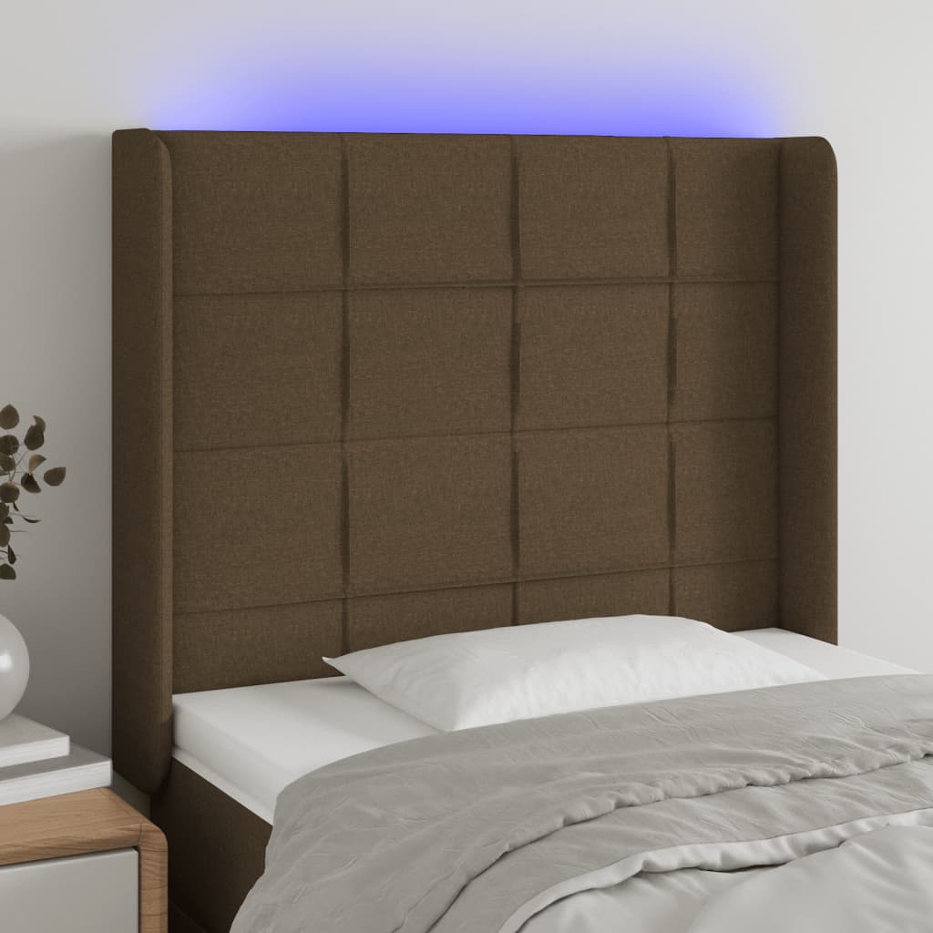 vidaXL Zagłówek do łóżka z LED ciemnobrązowy, 93x16x118/128 cm tkanina