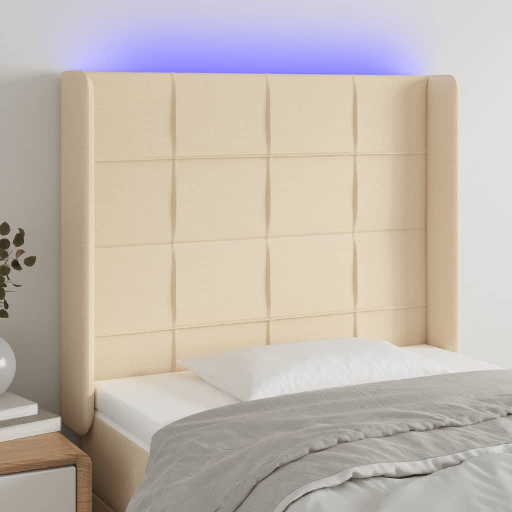 vidaXL Zagłówek do łóżka z LED, kremowy, 103x16x118/128 cm, tkanina