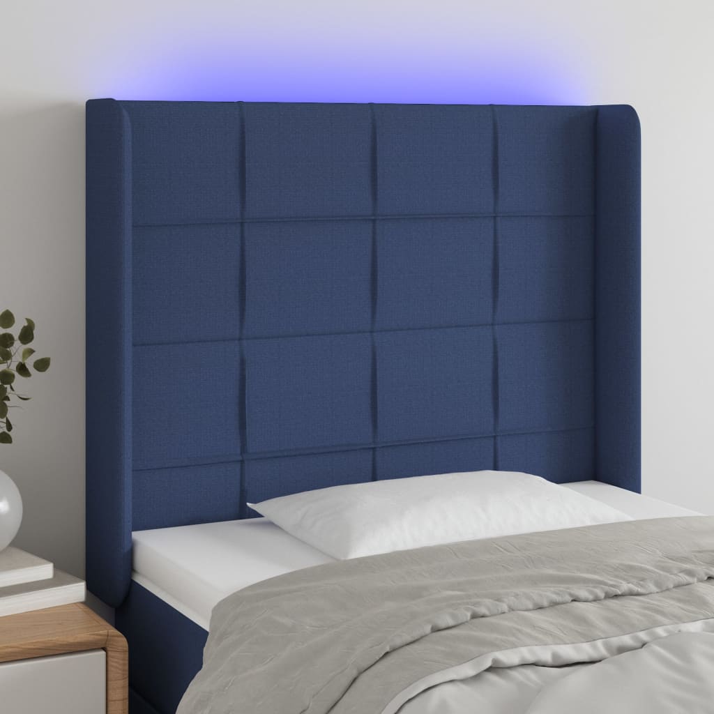 vidaXL Zagłówek do łóżka z LED, niebieski, 103x16x118/128 cm, tkanina