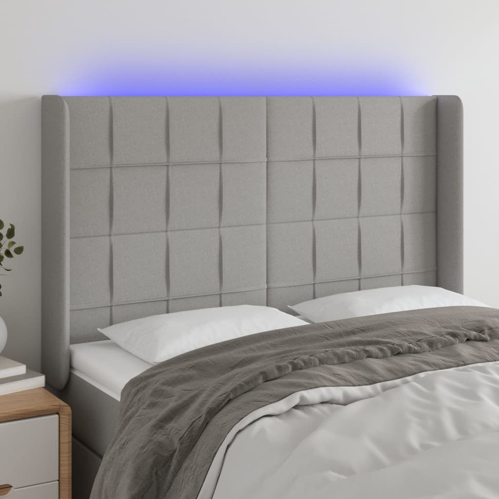 vidaXL Zagłówek do łóżka z LED, jasnoszary, 147x16x118/128 cm, tkanina