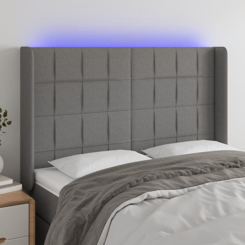 vidaXL Zagłówek do łóżka z LED, ciemnoszary, 147x16x118/128cm, tkanina