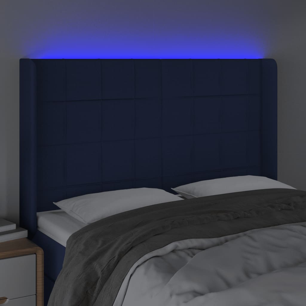vidaXL Zagłówek do łóżka z LED, niebieski, 147x16x118/128 cm, tkanina