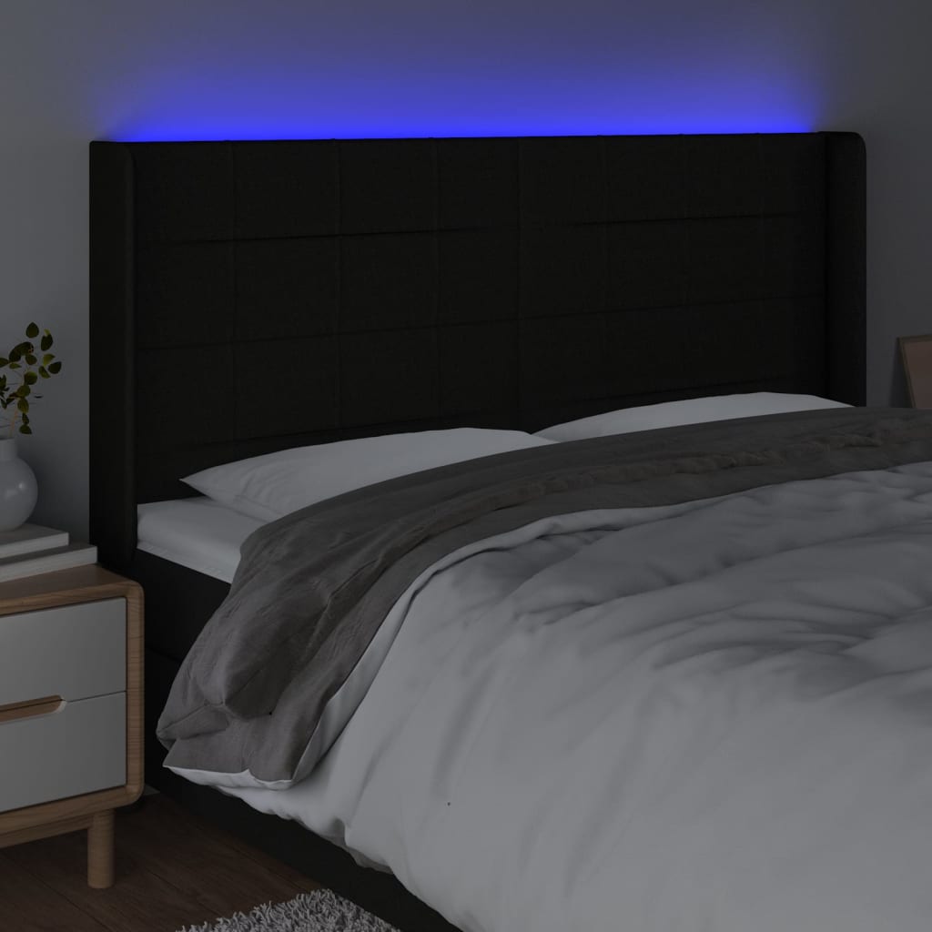 vidaXL Zagłówek do łóżka z LED, czarny, 163x16x118/128 cm, tkanina