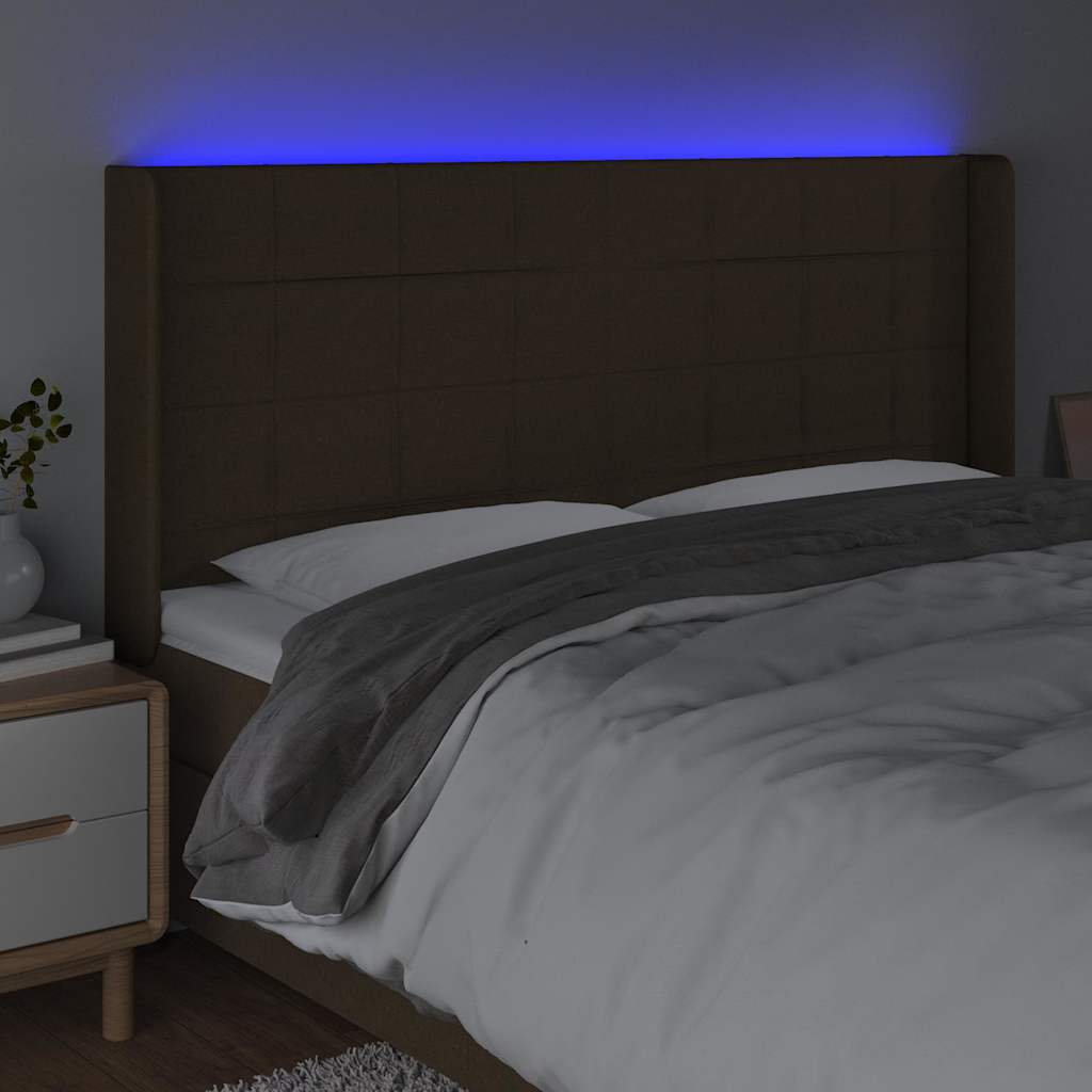 vidaXL Zagłówek do łóżka z LED ciemnobrązowy 163x16x118/128 cm tkanina