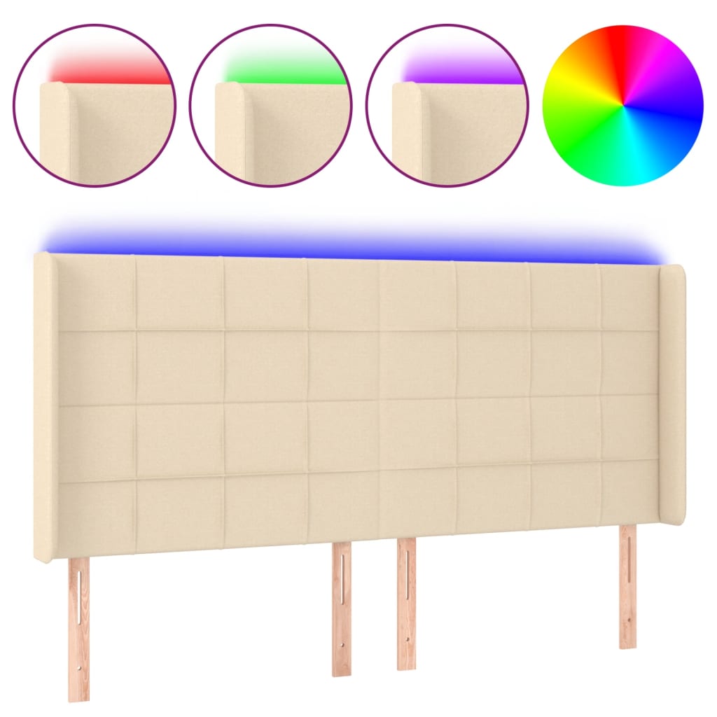 vidaXL Zagłówek do łóżka z LED, kremowy, 163x16x118/128 cm, tkanina