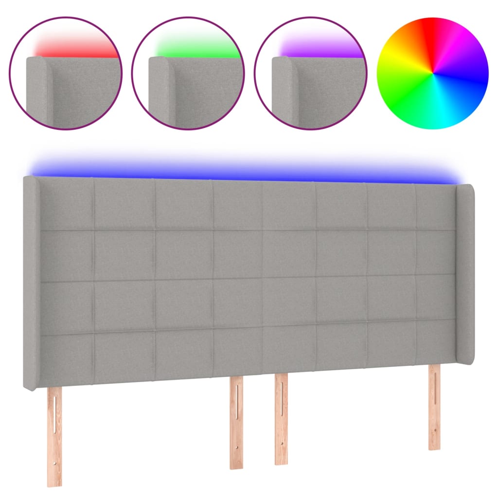 vidaXL Zagłówek do łóżka z LED, jasnoszary, 183x16x118/128 cm, tkanina