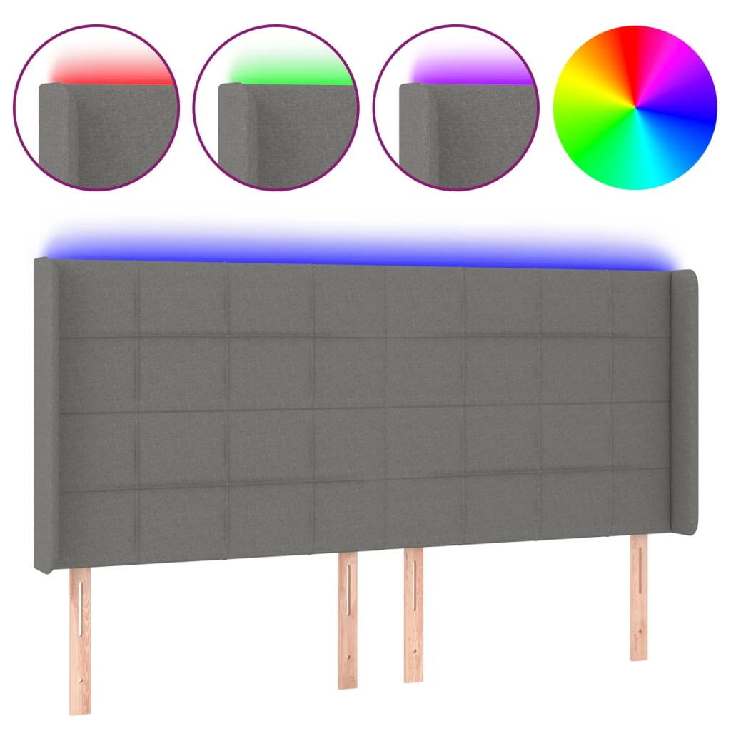 vidaXL Zagłówek do łóżka z LED, ciemnoszary, 183x16x118/128cm, tkanina