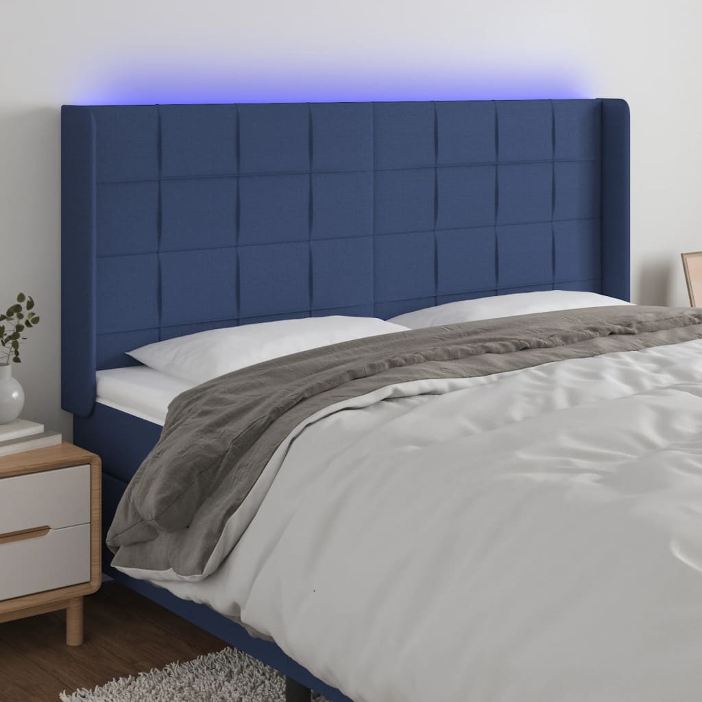 vidaXL Zagłówek do łóżka z LED, niebieski, 183x16x118/128 cm, tkanina