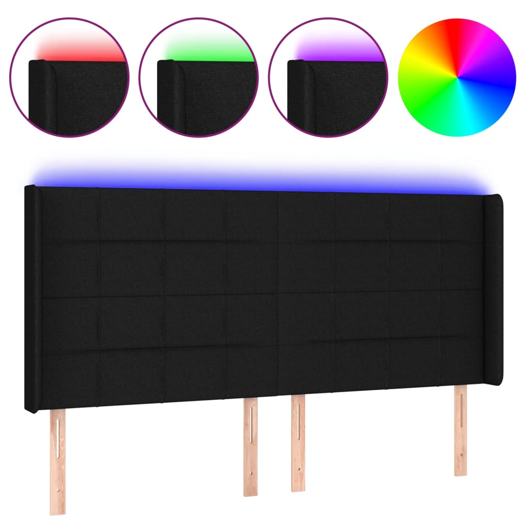 vidaXL Zagłówek do łóżka z LED, czarny, 203x16x118/128 cm, tkanina