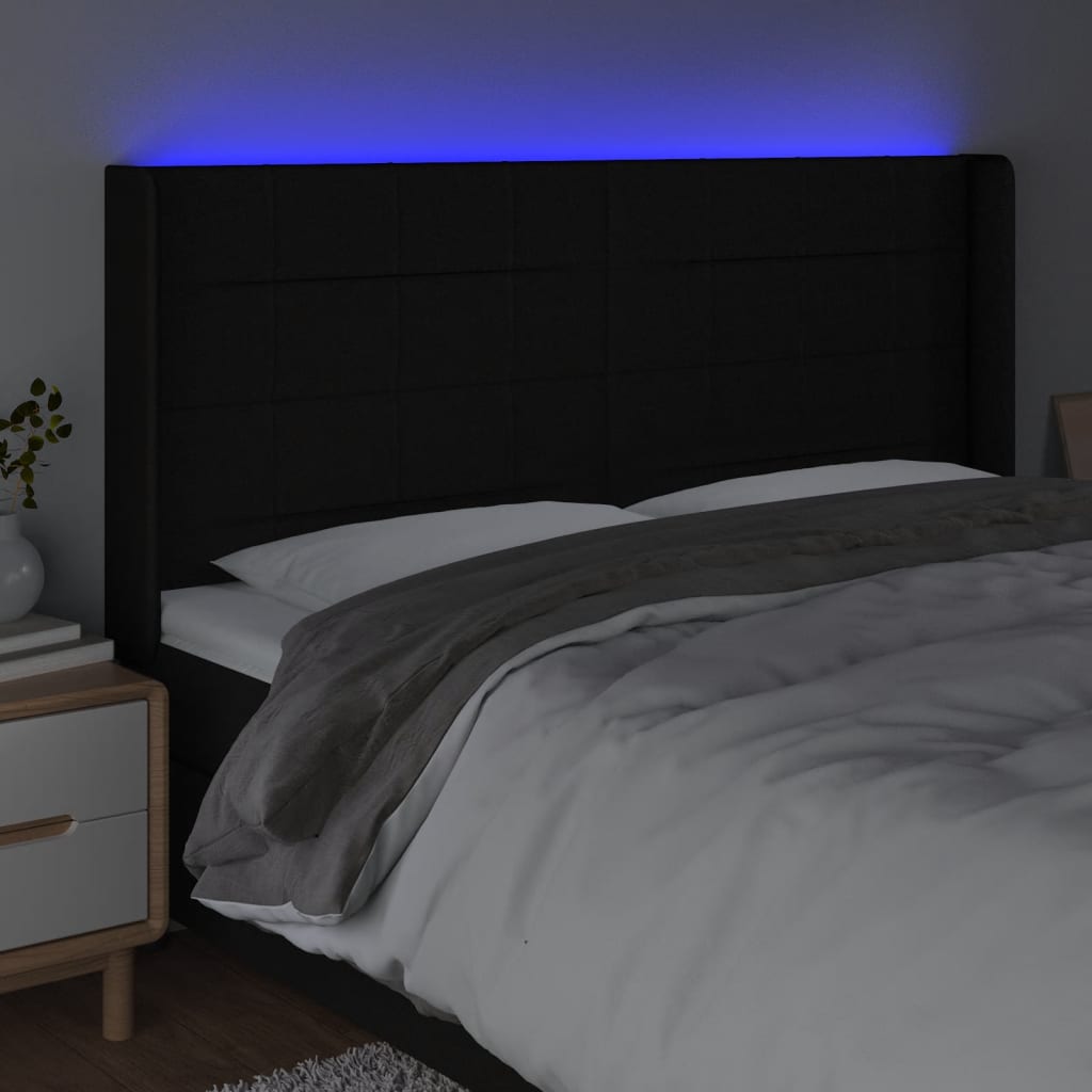 vidaXL Zagłówek do łóżka z LED, czarny, 203x16x118/128 cm, tkanina