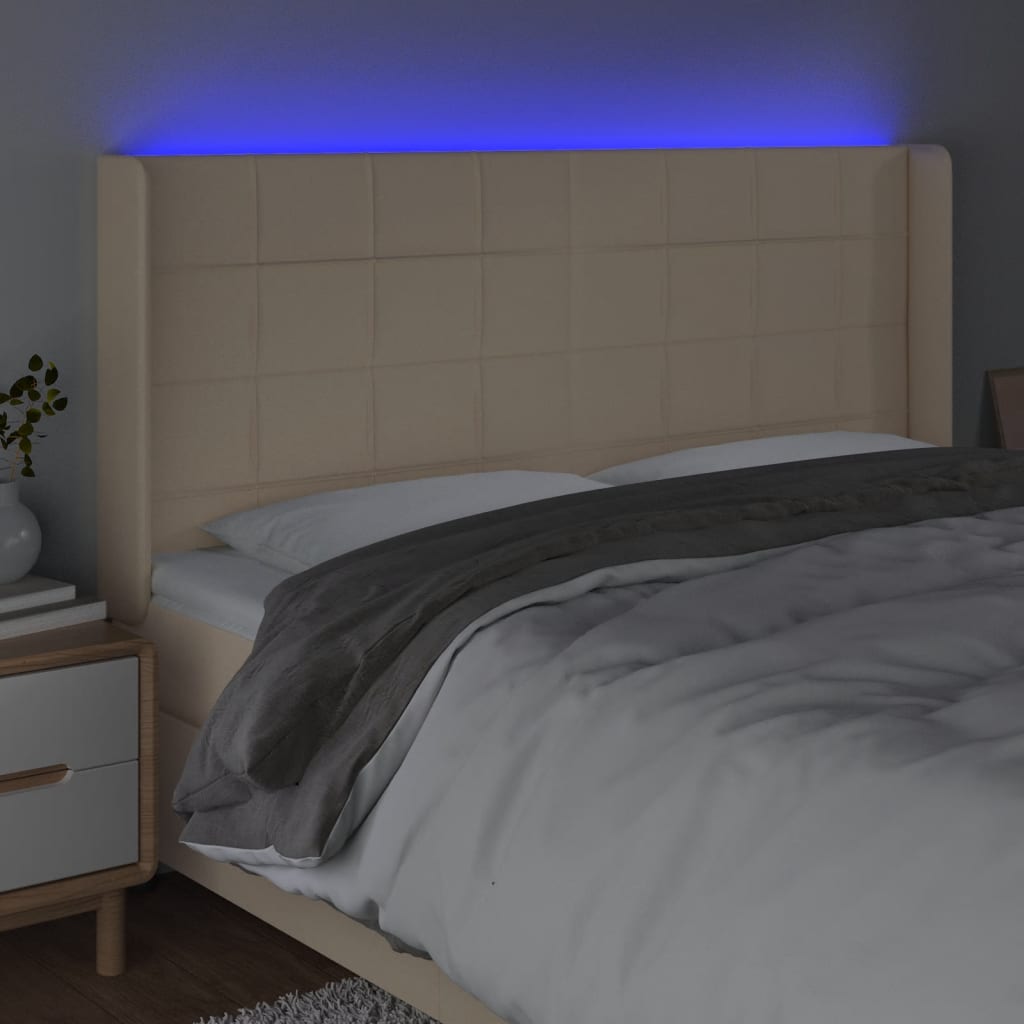 vidaXL Zagłówek do łóżka z LED, kremowy, 203x16x118/128 cm, tkanina