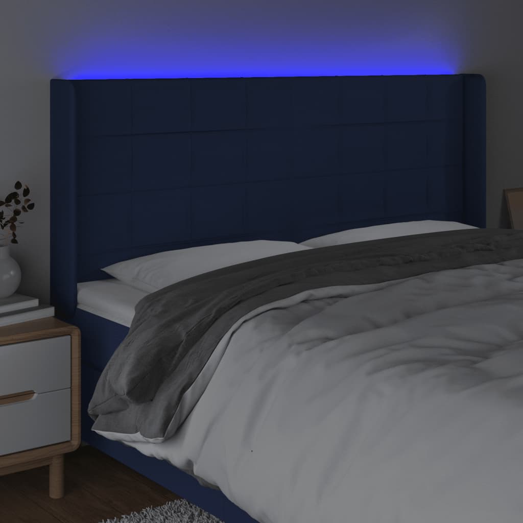 vidaXL Zagłówek do łóżka z LED, niebieski, 203x16x118/128 cm, tkanina