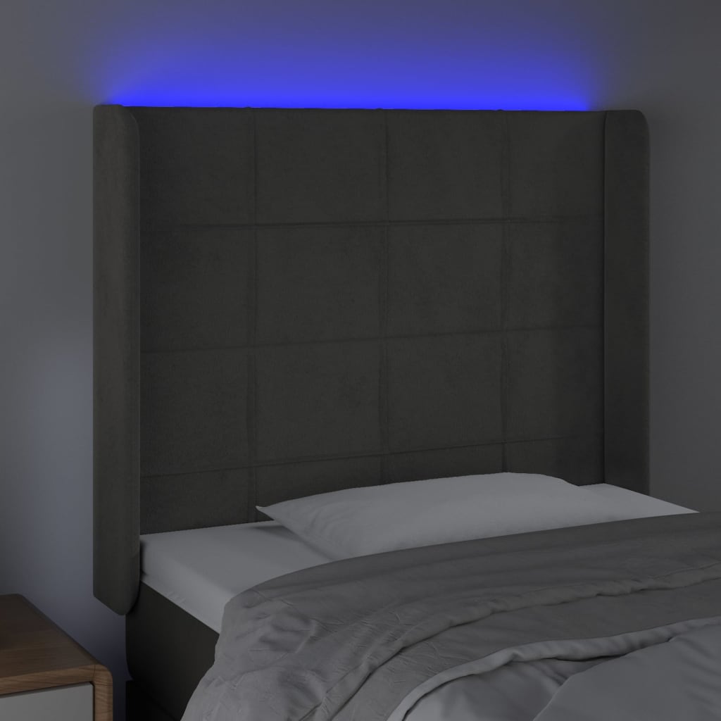 vidaXL Zagłówek do łóżka z LED, ciemnoszary, 83x16x118/128 cm, aksamit