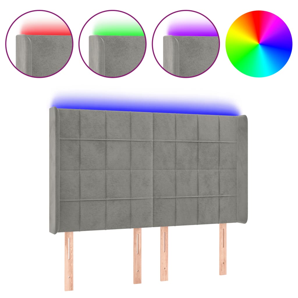 vidaXL Zagłówek do łóżka z LED, jasnoszary, 147x16x118/128 cm, aksamit