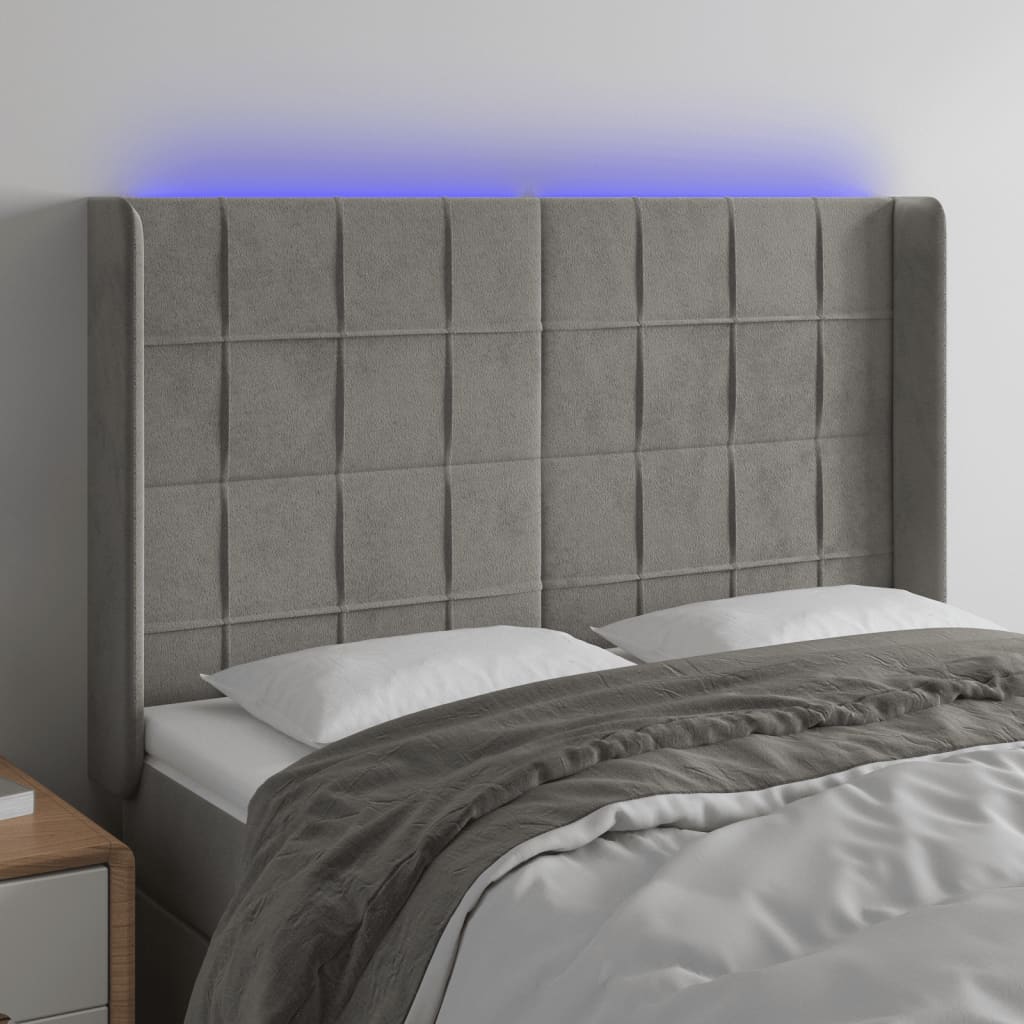 vidaXL Zagłówek do łóżka z LED, jasnoszary, 147x16x118/128 cm, aksamit