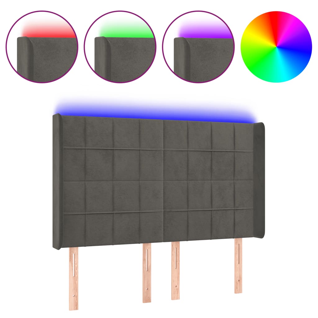 vidaXL Zagłówek do łóżka z LED, ciemnoszary, 147x16x118/128cm, aksamit