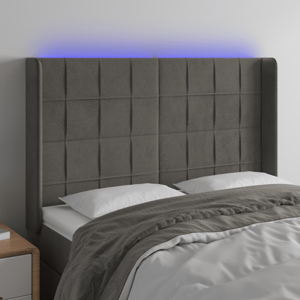 vidaXL Zagłówek do łóżka z LED, ciemnoszary, 147x16x118/128cm, aksamit