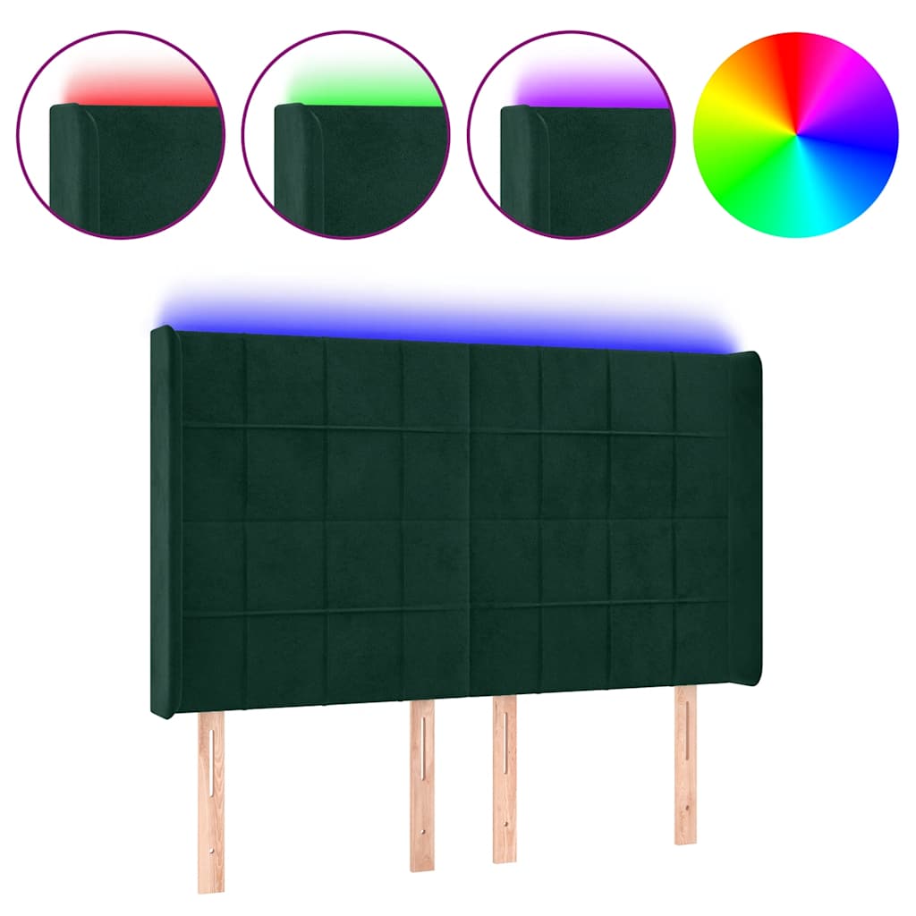 vidaXL Zagłówek do łóżka z LED, ciemnozielony 147x16x118/128cm aksamit