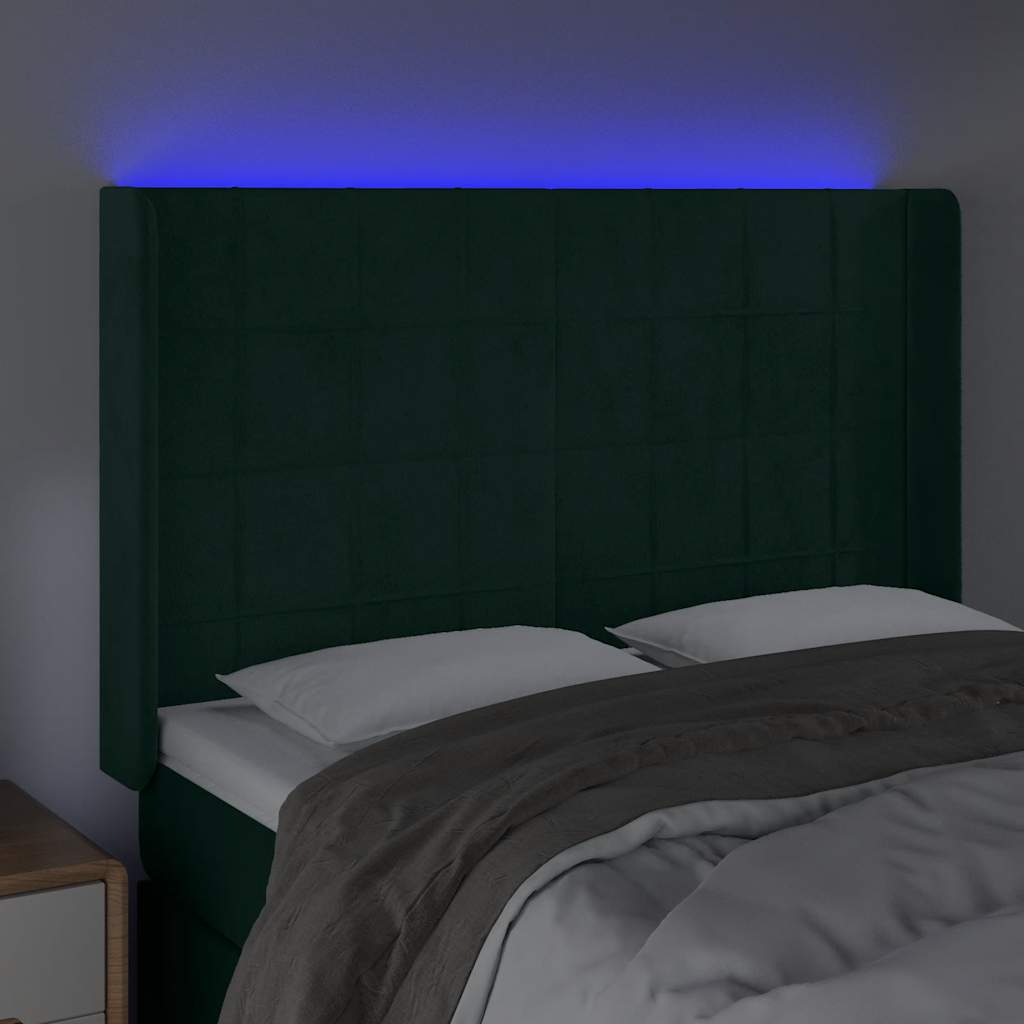 vidaXL Zagłówek do łóżka z LED, ciemnozielony 147x16x118/128cm aksamit