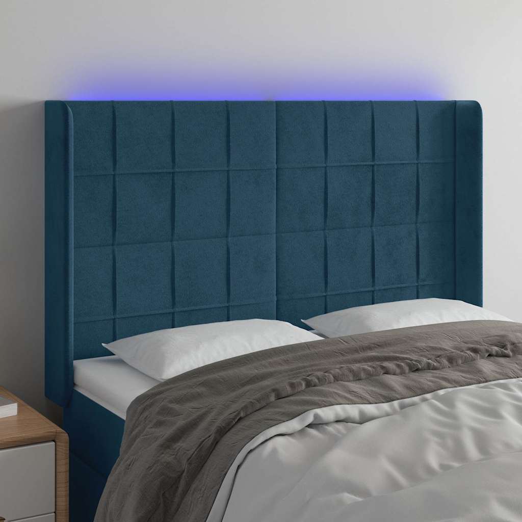 vidaXL Zagłówek do łóżka z LED ciemnoniebieski, 147x16x118/128 cm