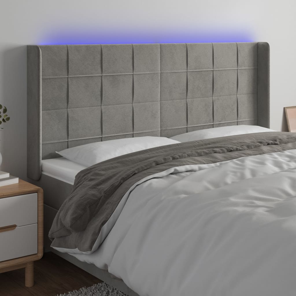 vidaXL Zagłówek do łóżka z LED, jasnoszary, 163x16x118/128 cm, aksamit