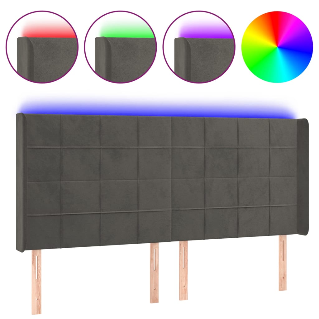 vidaXL Zagłówek do łóżka z LED, ciemnoszary, 163x16x118/128cm, aksamit