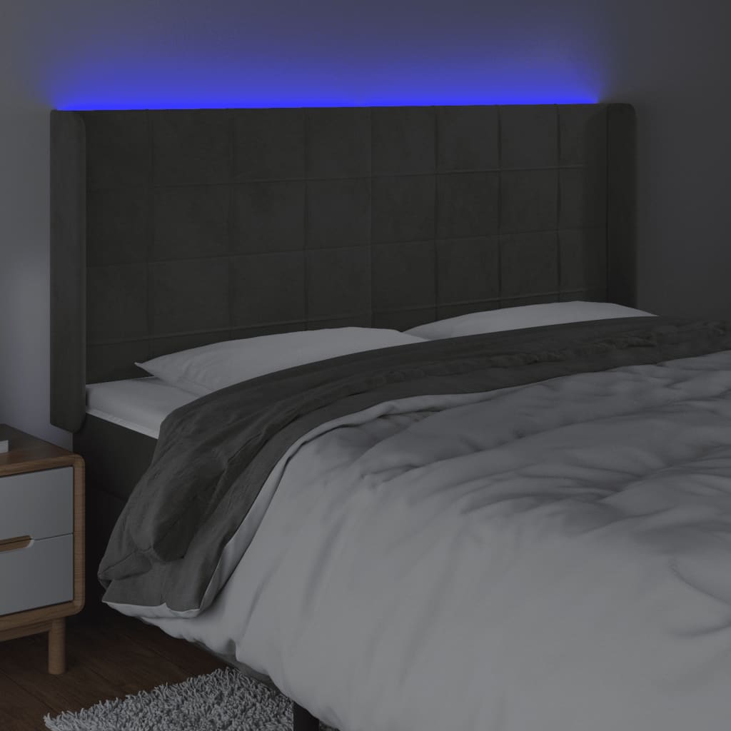 vidaXL Zagłówek do łóżka z LED, ciemnoszary, 163x16x118/128cm, aksamit