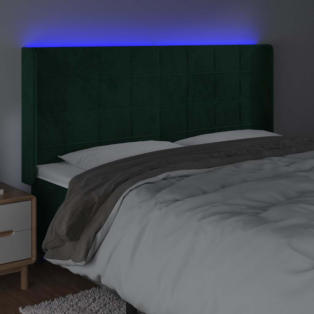 vidaXL Zagłówek do łóżka z LED, ciemnozielony 163x16x118/128cm aksamit