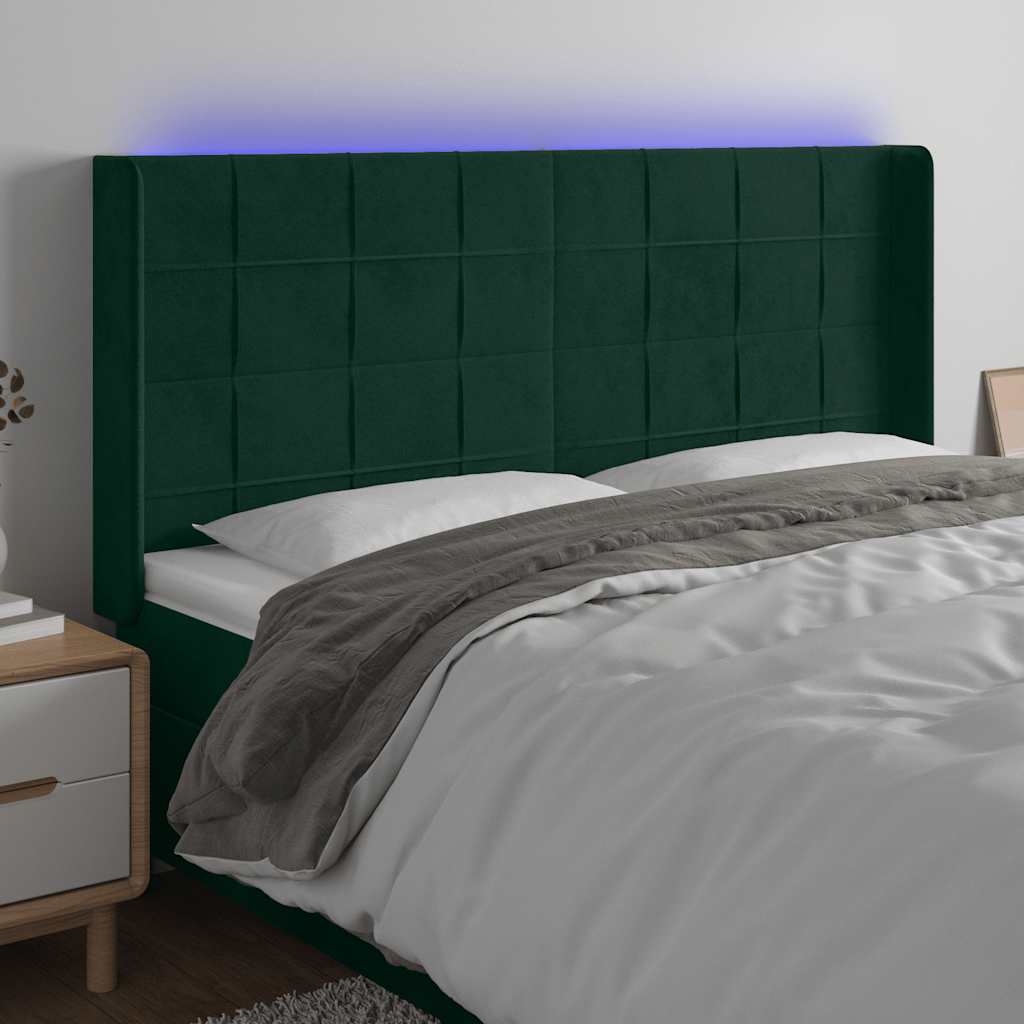 vidaXL Zagłówek do łóżka z LED, ciemnozielony 163x16x118/128cm aksamit