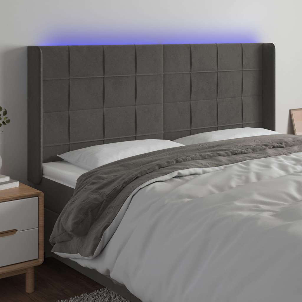 vidaXL Zagłówek do łóżka z LED, ciemnoszary, 183x16x118/128cm, aksamit