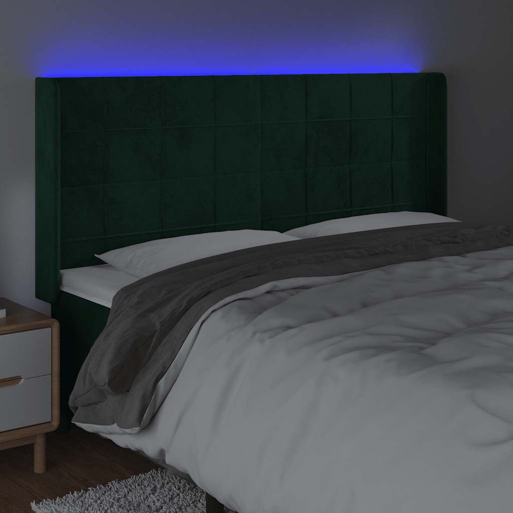vidaXL Zagłówek do łóżka z LED, ciemnozielony 183x16x118/128cm aksamit
