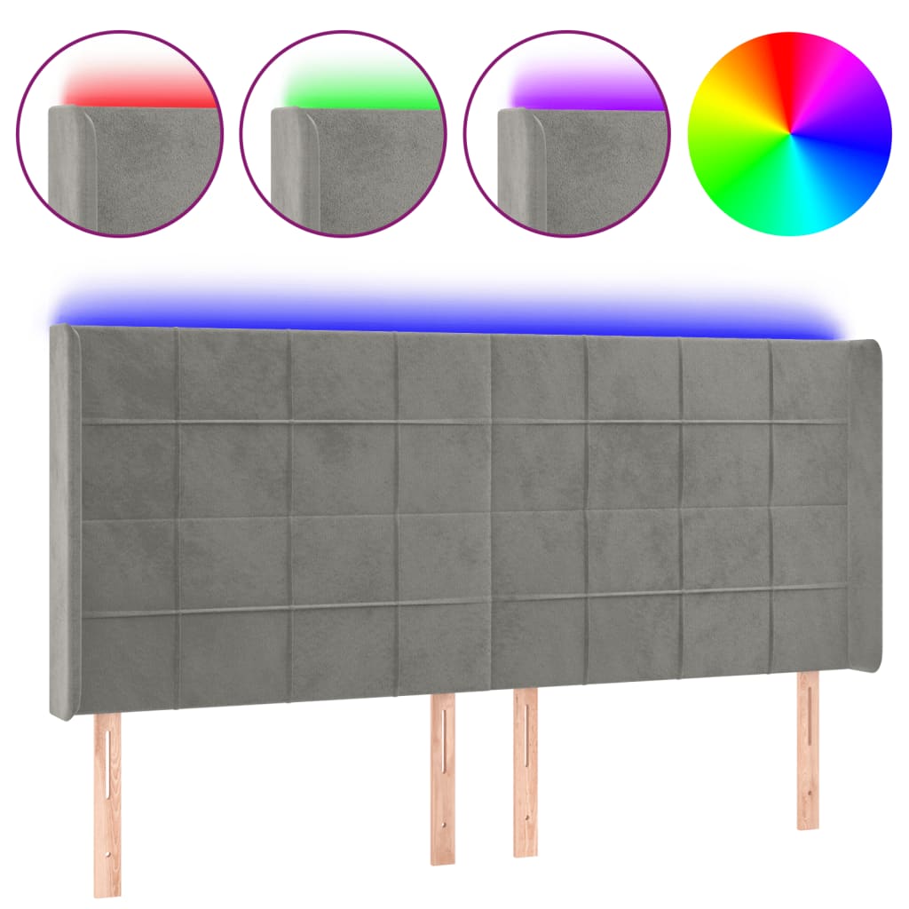 vidaXL Zagłówek do łóżka z LED, jasnoszary, 203x16x118/128 cm, aksamit