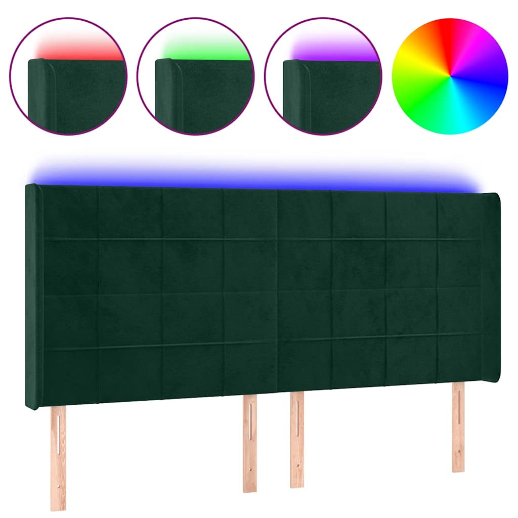 vidaXL Zagłówek do łóżka z LED, ciemnozielony 203x16x118/128cm aksamit