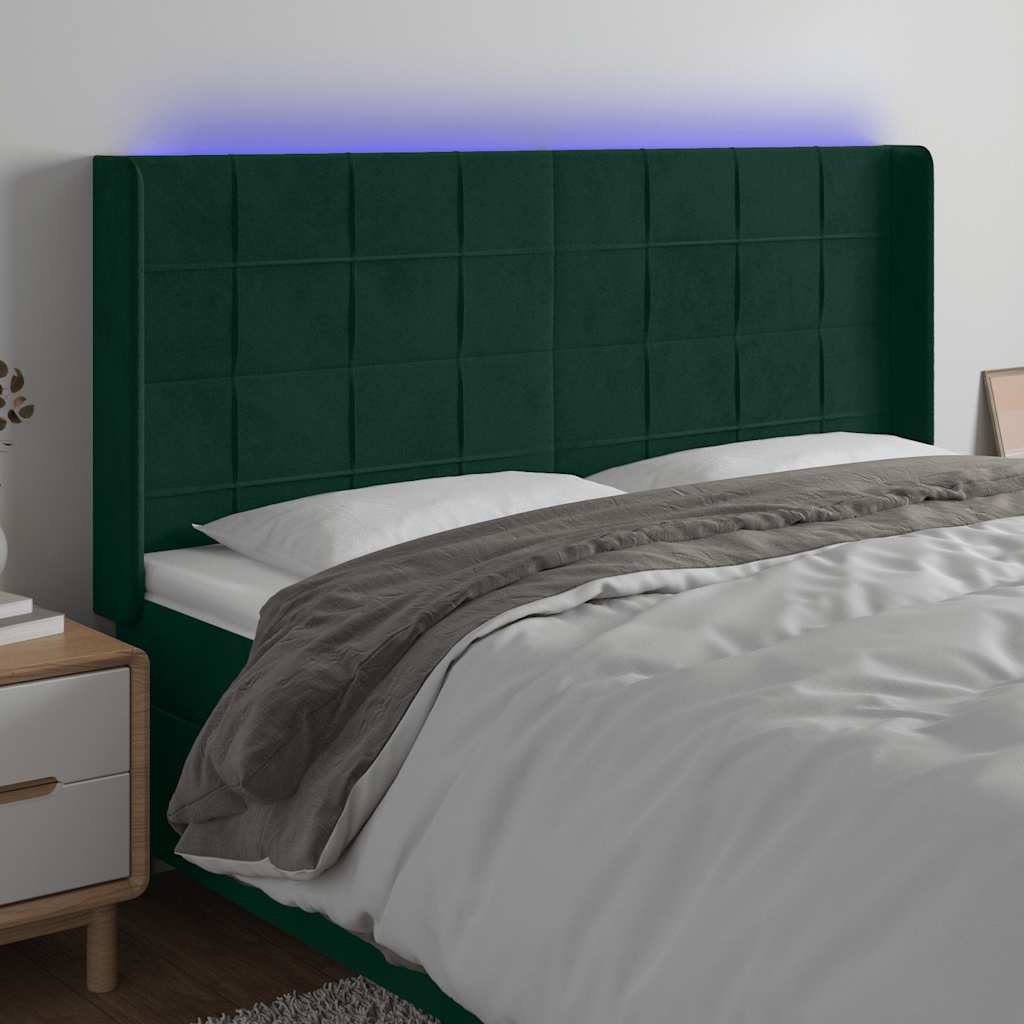 vidaXL Zagłówek do łóżka z LED, ciemnozielony 203x16x118/128cm aksamit